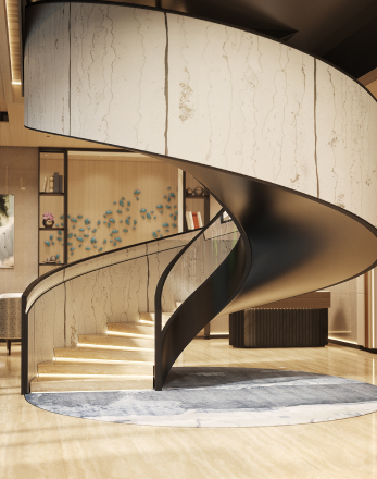 An exquisite, uncompromising balance of design thinking, curation, community, and amenities on an unprecedented scale spiral stair