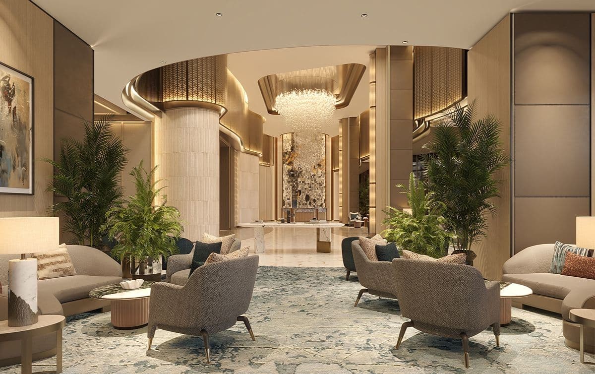 Artist’s rendering of an elegant Shang Summit residential lounge with plush seating, greenery, and warm contemporary interiors