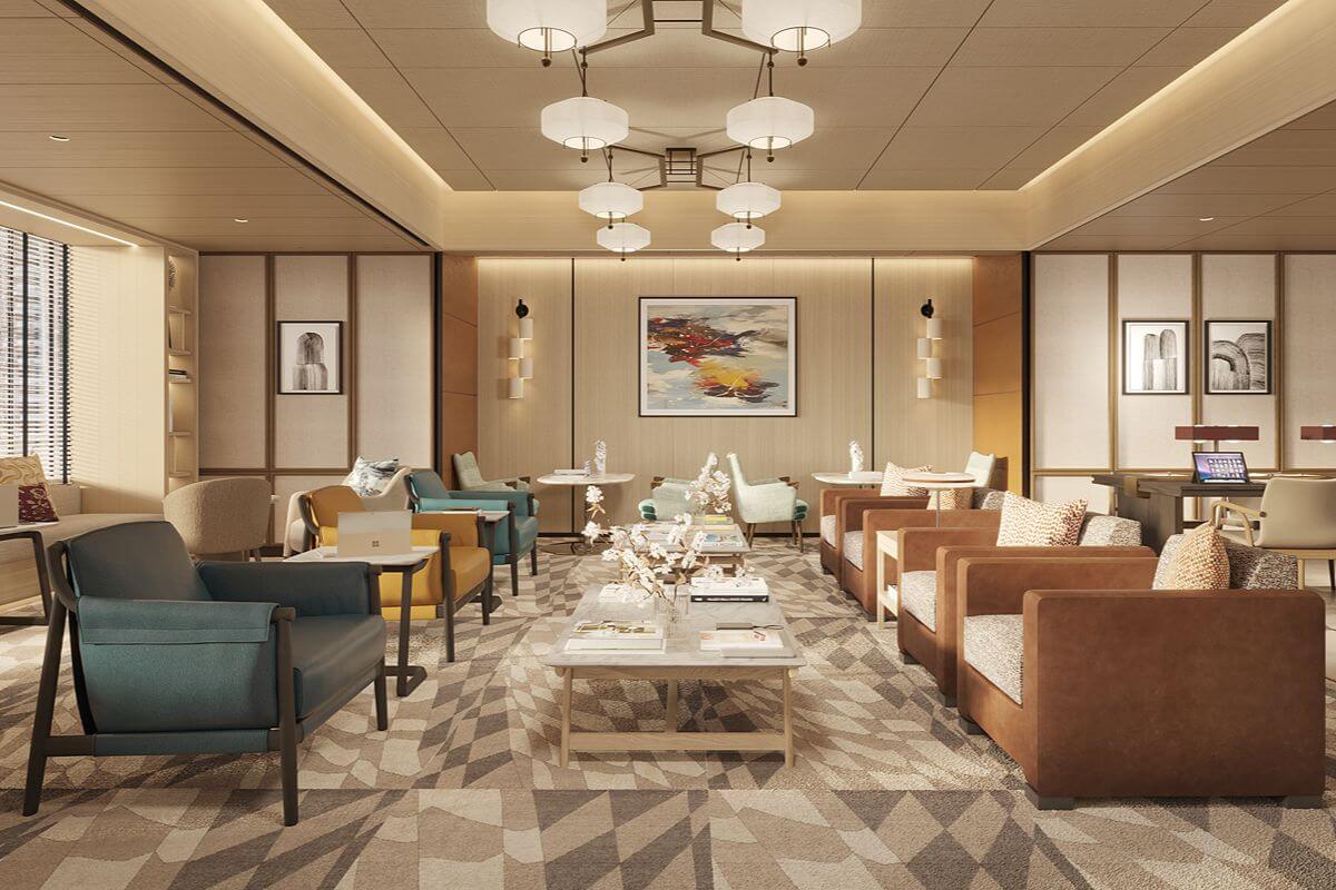 Artist’s rendering of an elegant residential lounge with contemporary seating, pendant lighting, artwork, and refined interiors