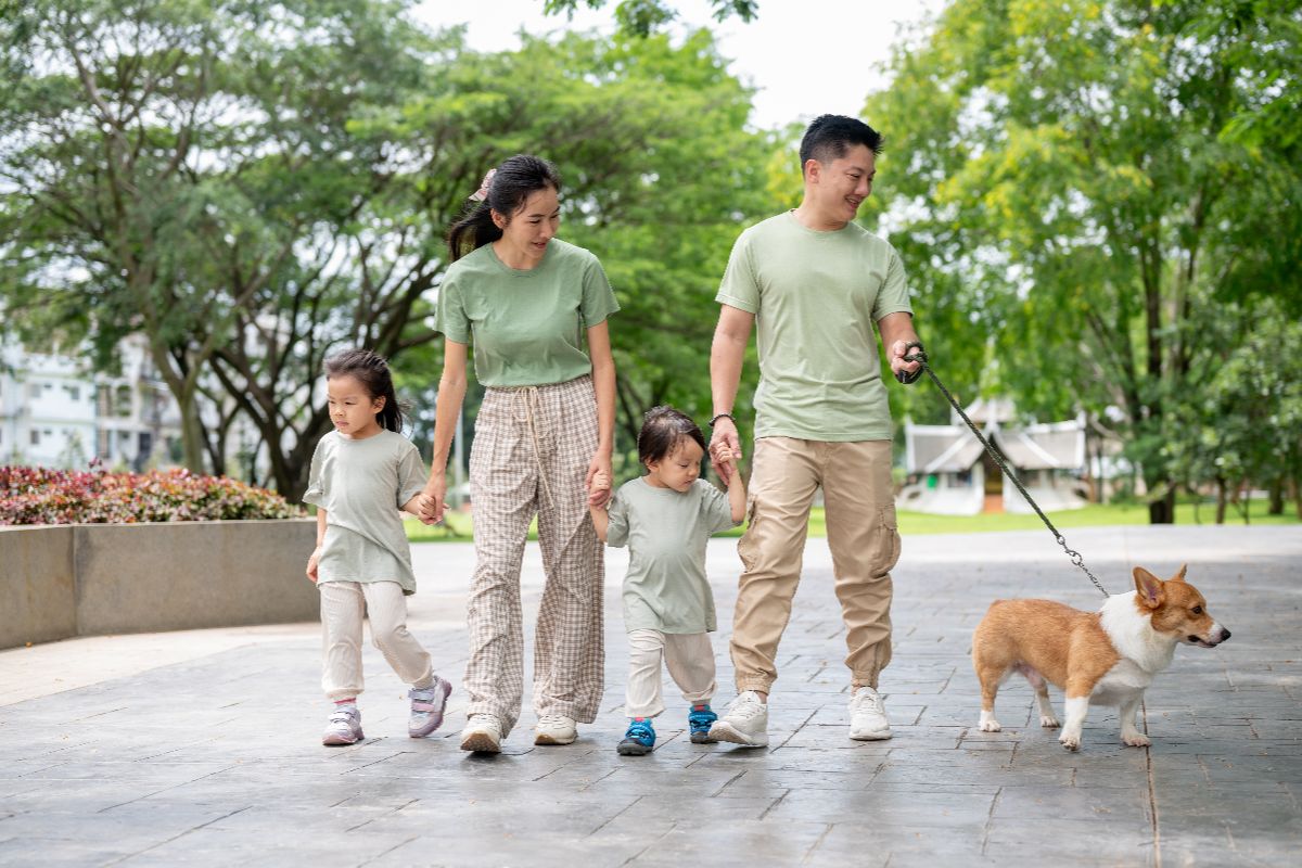 Family walking through a tree-lined park with two children and a dog