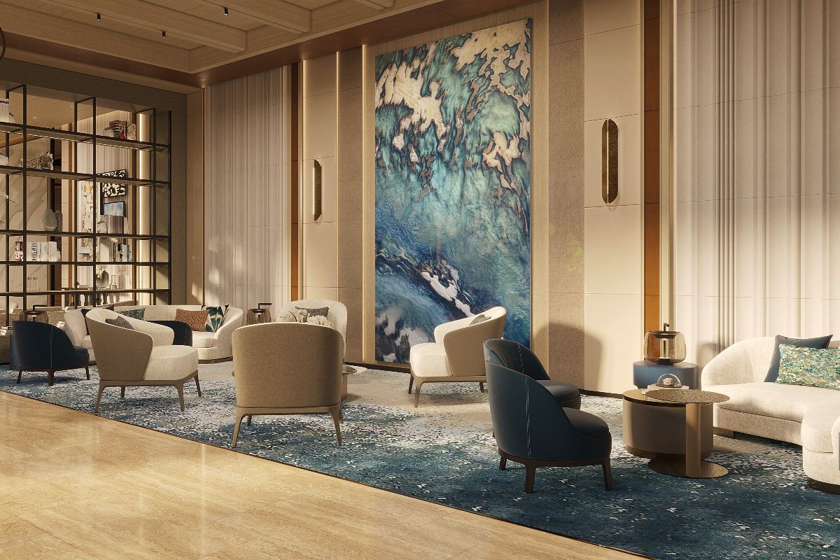 Elegant lounge with modern seating, warm lighting, and a large abstract wall artwork