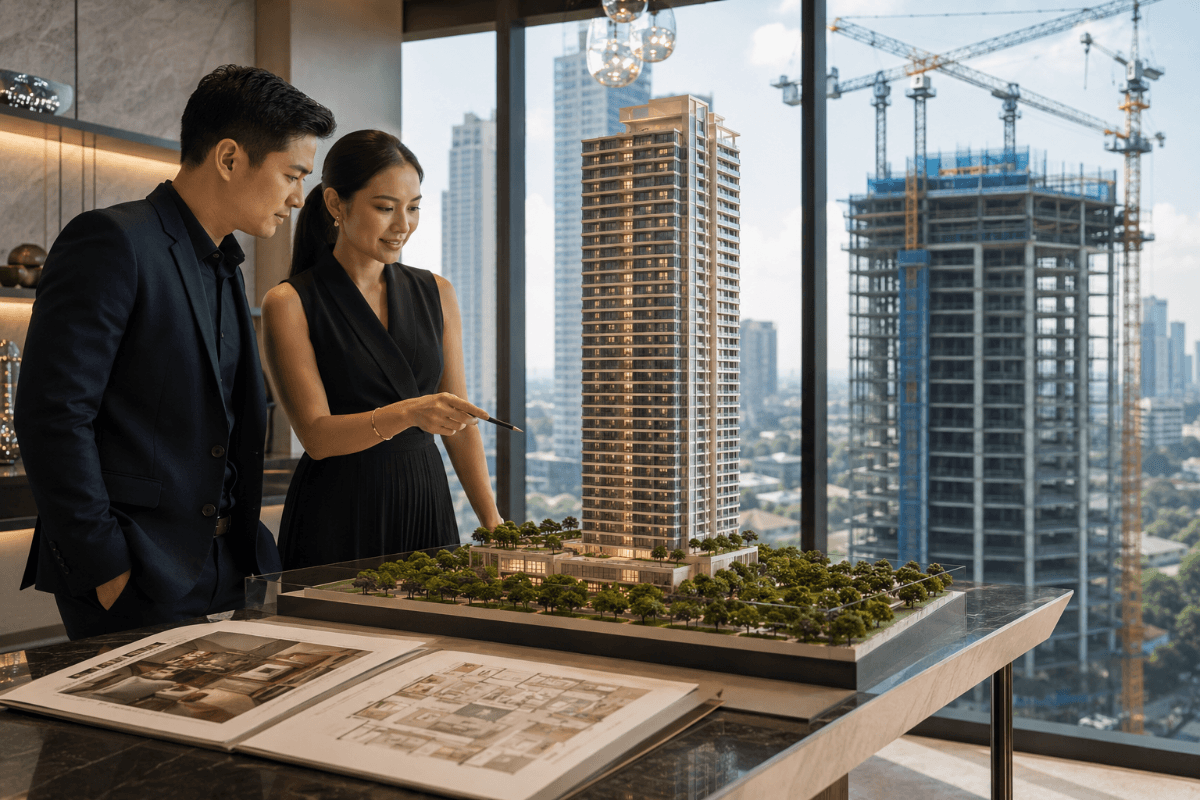 Buyer and property consultant reviewing a luxury condominium scale model with an ongoing high-rise construction site in the background
