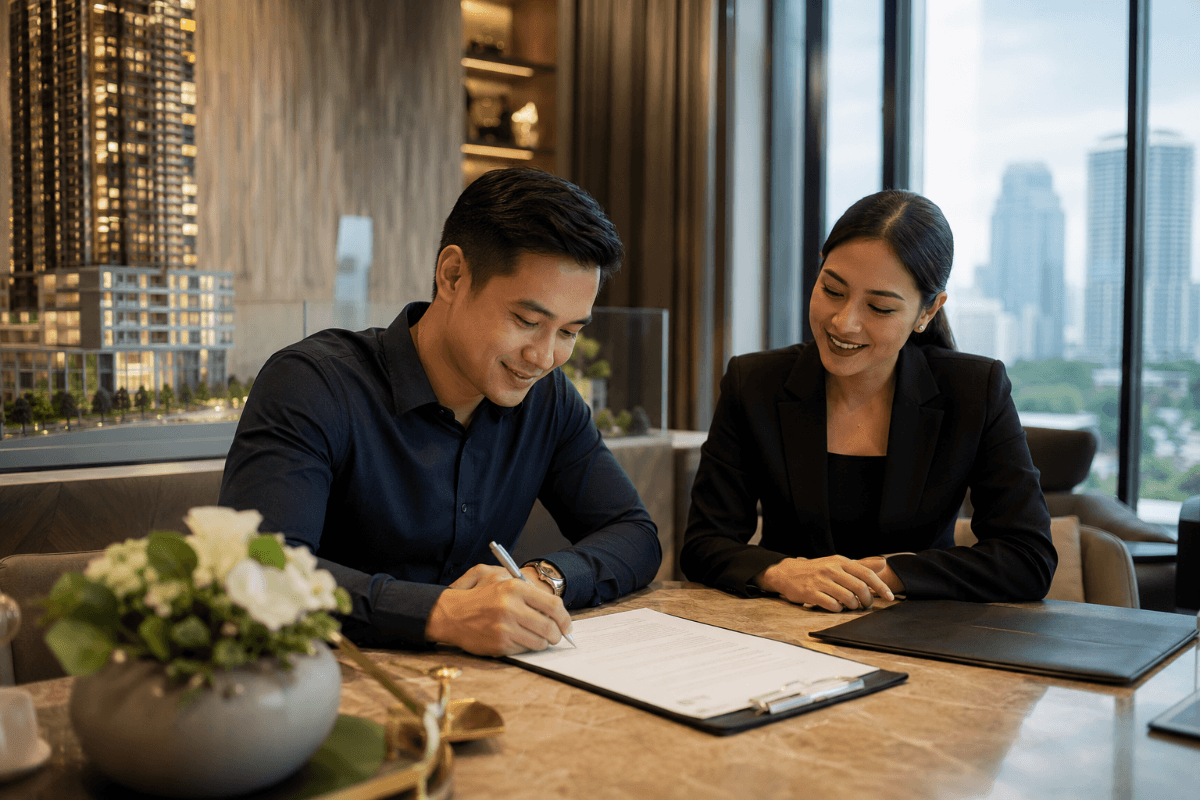 Condo buyer signing documents with a property consultant inside a luxury showroom with a city view
