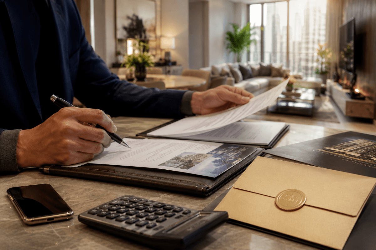 Close-up of a condo buyer reviewing documents, calculator, and property materials inside a luxury residence