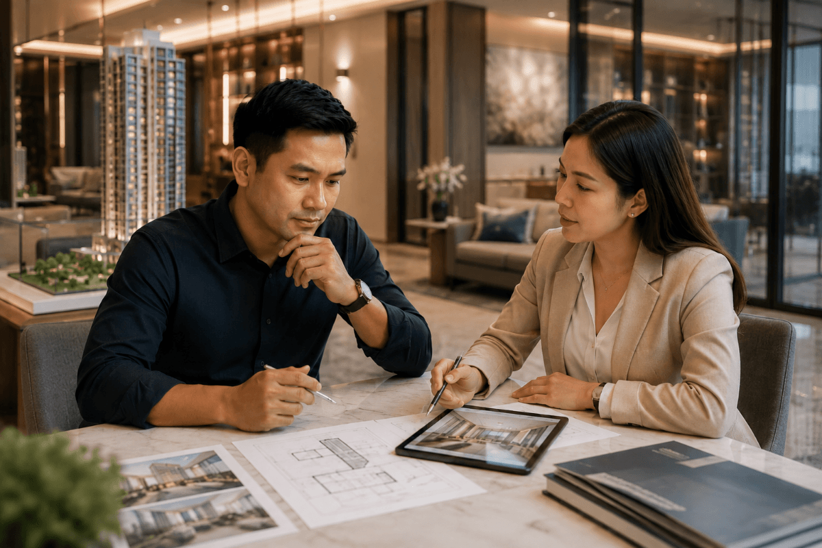 Condo buyer discussing floor plans and budgeting details with a property consultant in a luxury showroom