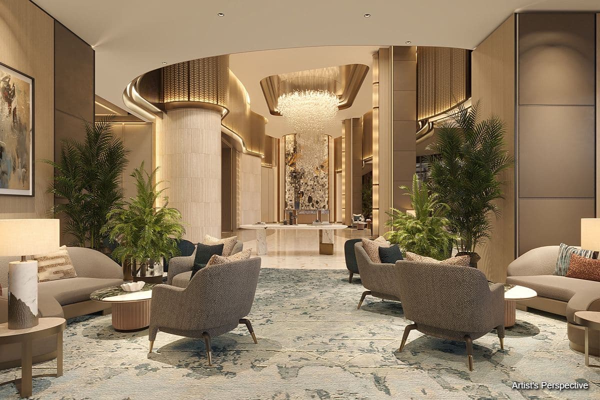 Artist’s rendering of an elegant Shang Summit residential lounge with plush seating, greenery, and warm contemporary interiors