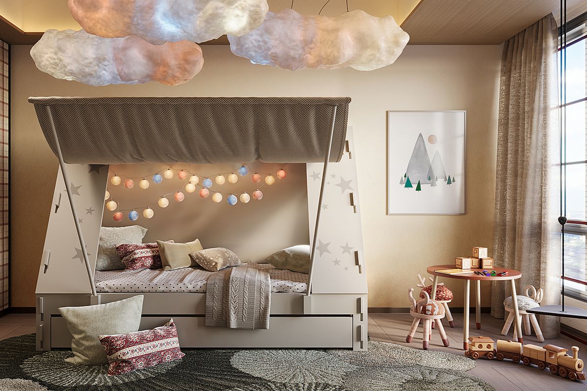 Child-friendly condominium bedroom with a cozy play area, reading nook, and activity space