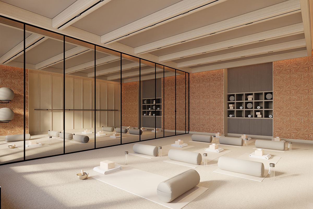 Condominium wellness space designed for yoga, meditation, relaxation, and healthy daily routines