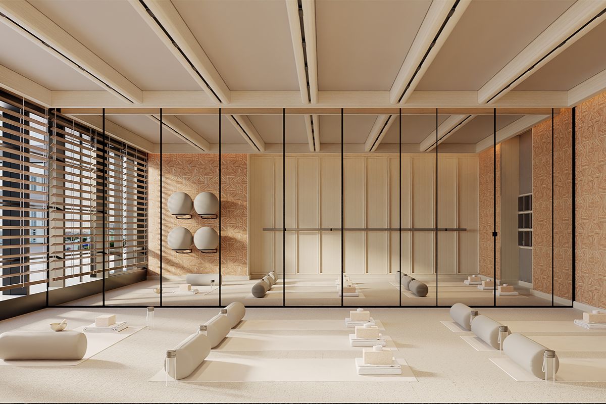 Luxury condominium wellness amenities with fitness, yoga, and relaxation spaces for residents of different generations